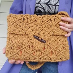 Vintage 70s Boho Crocheted Bag Purse With Wood Toggle Satin Orange Gold Lining